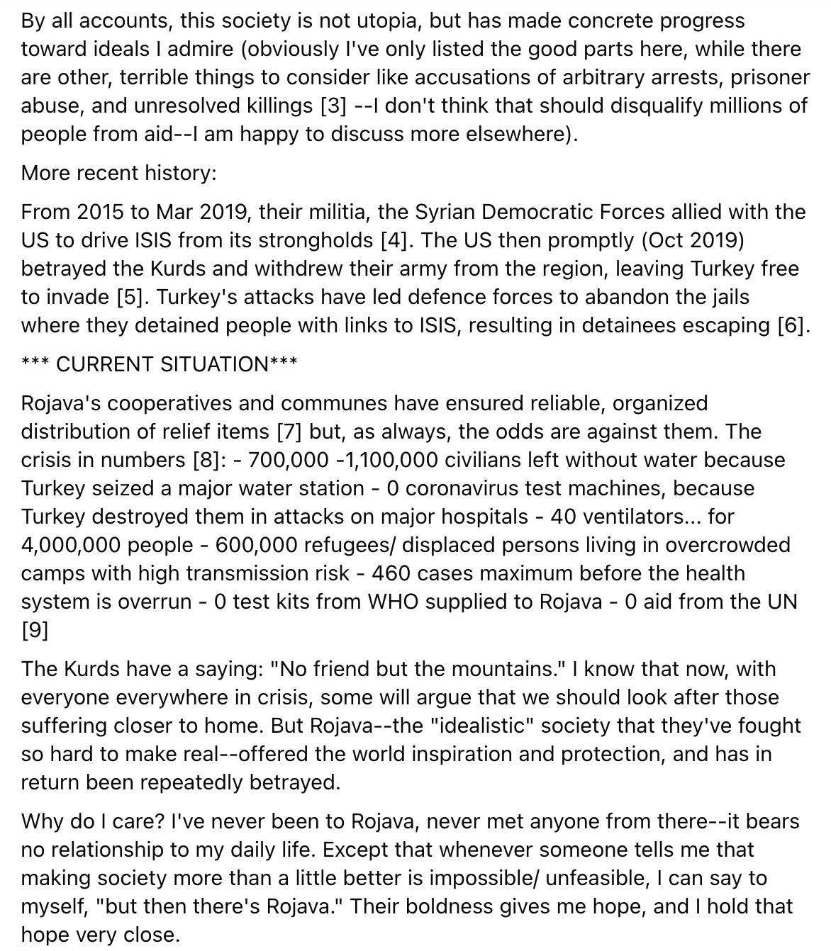 screenshot of write-up about Rojava's history and COVID-19 emergency for the fundraiser